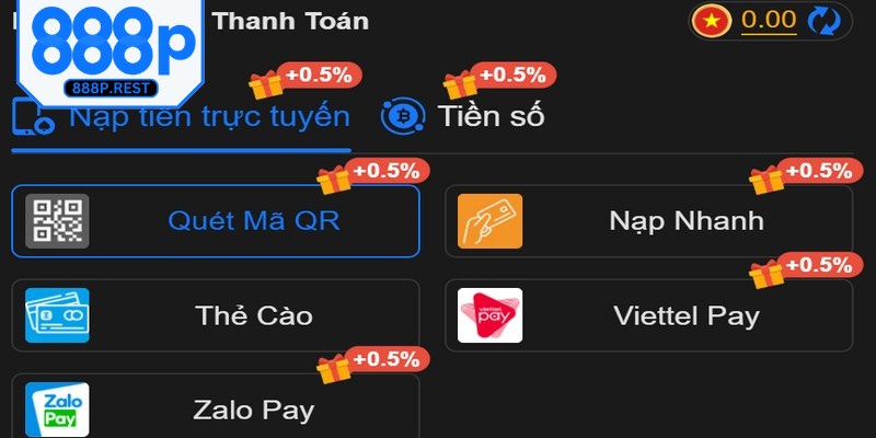 Các phương thức nạp tiền phổ biến, linh hoạt được nhà cái 888P cung cấp